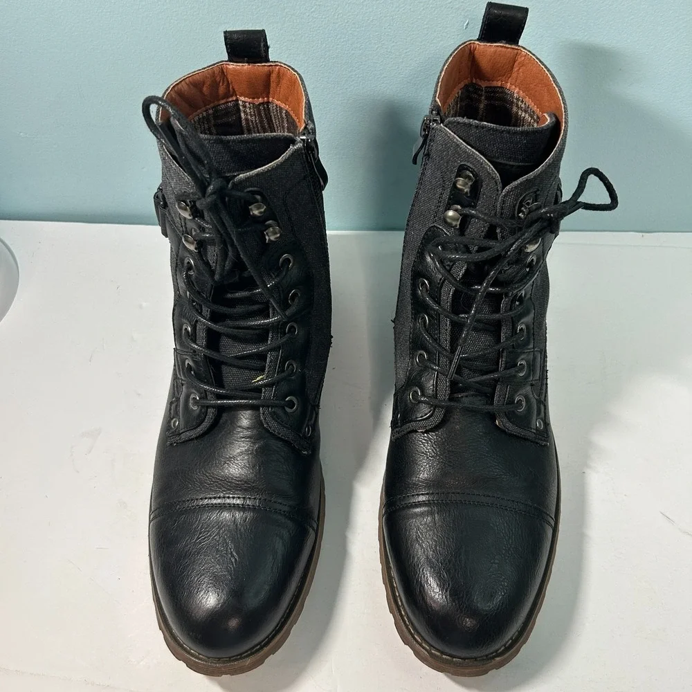 Polar Fox Mike Combat Boots Men's 12 Black Gray Lace Up + Side Zip + Buckle